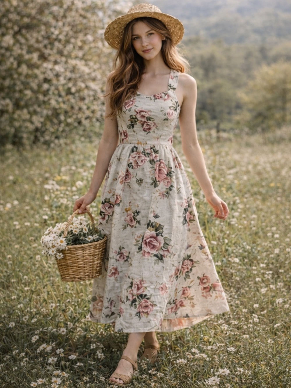 Vintage‎ Linen Maxi Dress Daisy of California Floral XS/S Cottagecore USA Made